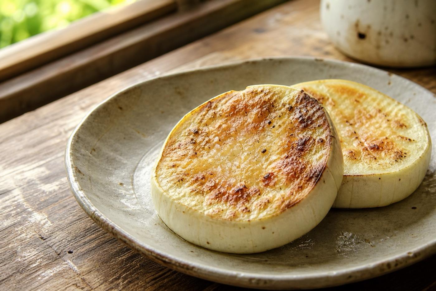 白ナスのステーキ。厚切りを焼いてとろとろになった断面