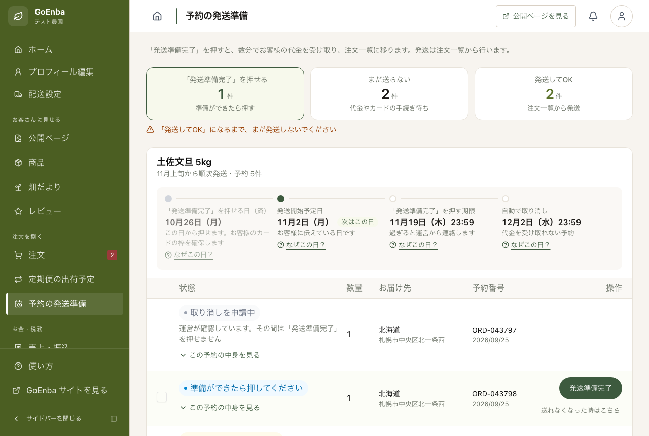 パソコン版の「予約の発送準備」画面。左メニューの「予約の発送準備」をオレンジ枠で示している。
